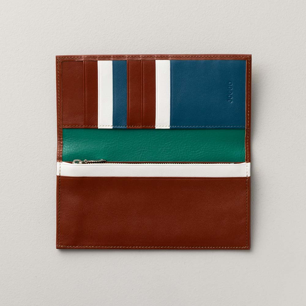 スリム長財布（カード収納13段） - 使用カラー：マロンブラウン×アイボリーホワイト×ピーコックブルー×ヒイラギリーフ