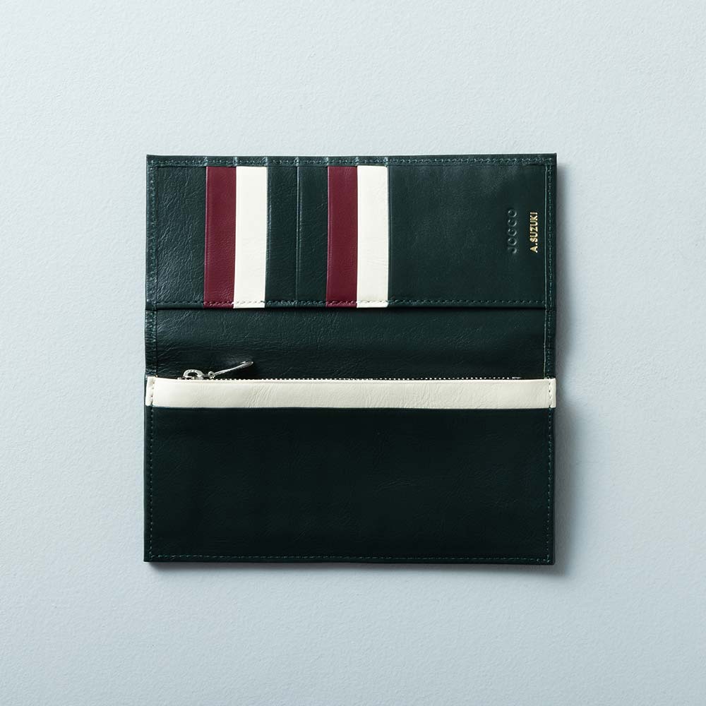 スリム長財布（カード収納13段） - 使用カラー：フォレストグリーン×ダークレッド×アイボリーホワイト