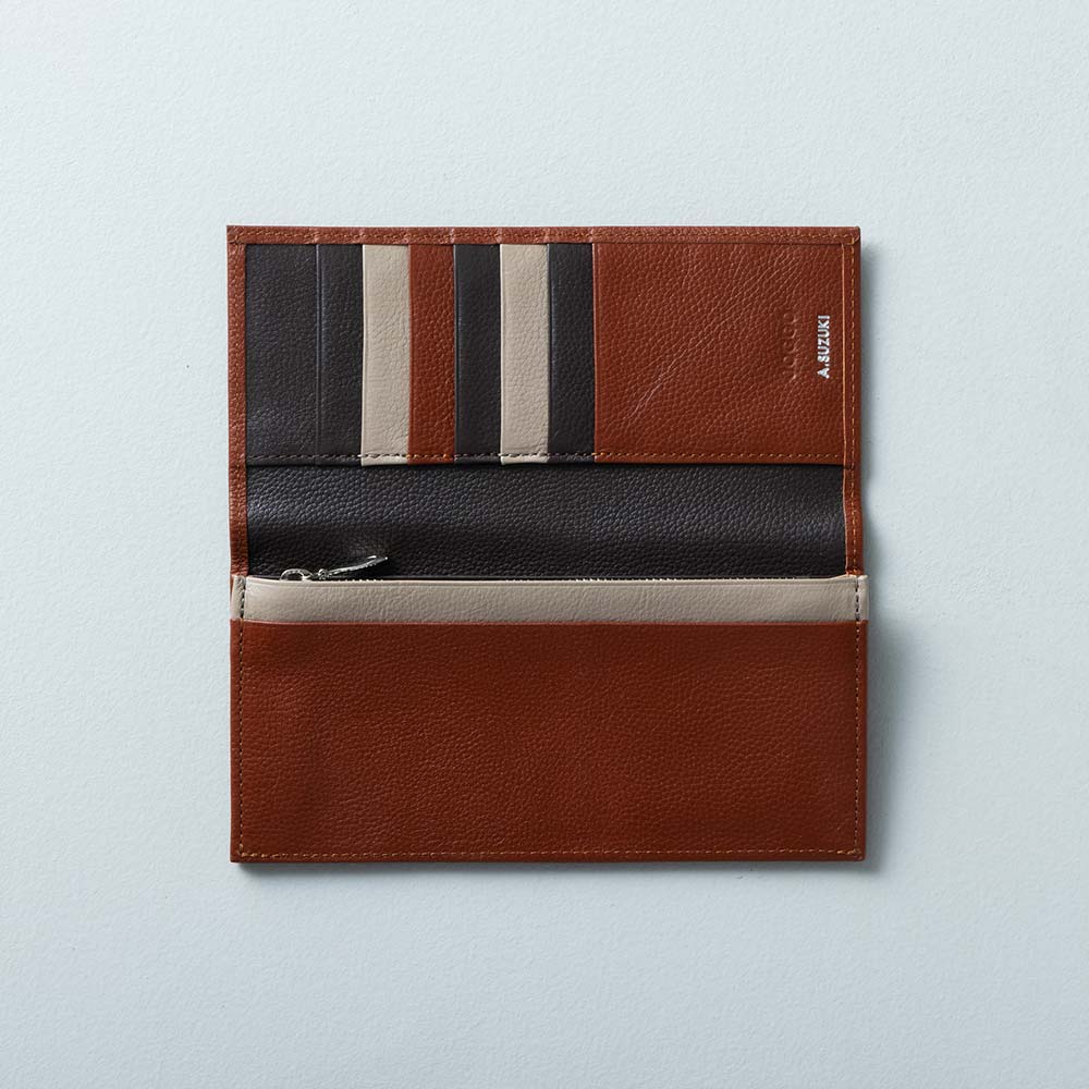 スリム長財布（エンボス） - 使用カラー：マロンブラウン×エスプレッソブラウン×グレージュ