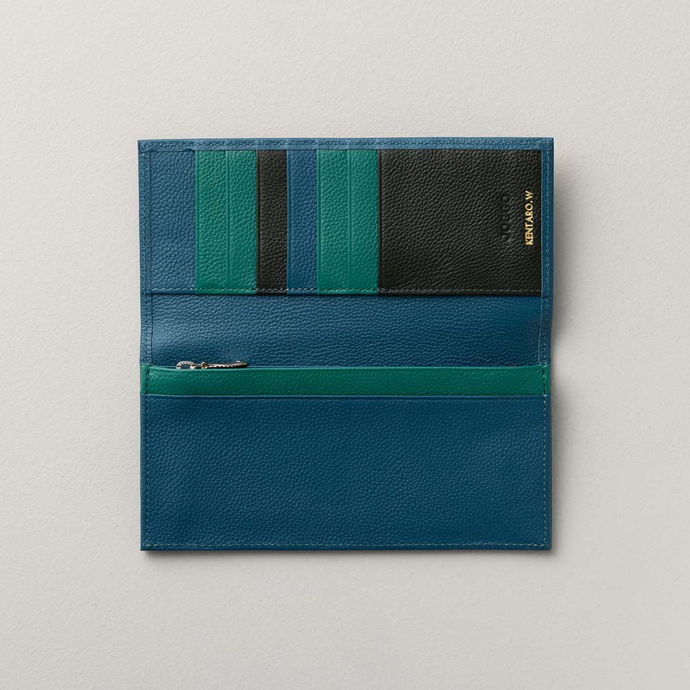 スリム長財布（エンボス） - 使用カラー：ピーコックブルー×ヒイラギリーフ×フォレストグリーン