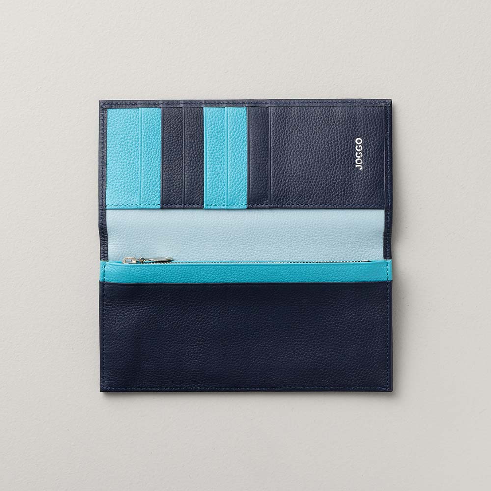 スリム長財布（エンボス） - 使用カラー：ミッドナイトネイビー×ターコイズブルー×シャーベットブルー