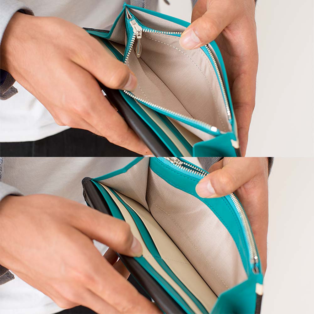 フラップバイカラー長財布（シングルホック） - 小銭入れは、取り出しやすいよう浅めに縫製しています。お札入れにも余裕があり、スマートに中身を出し入れできます。