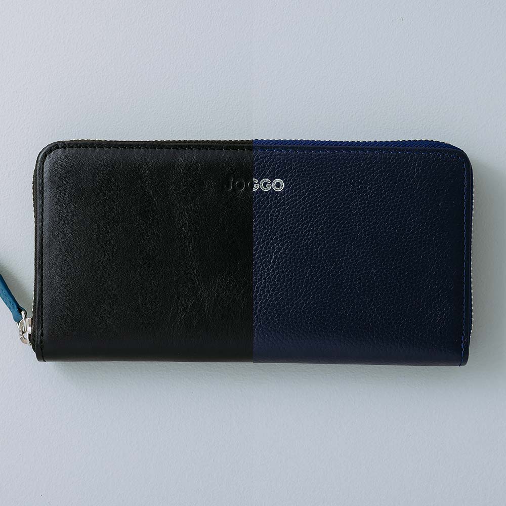 シンプルラウンド長財布 - オリジナルエンボスレザーとオリジナルレザーの質感の違いです。お手入れ方法に差はないので、お好みの方をお選びください。