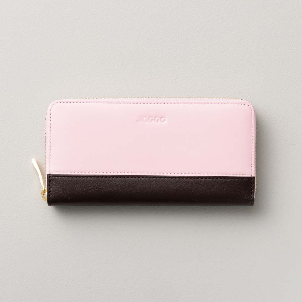 シンプルラウンド長財布（バイカラー） - 使用カラー：サクラブルーム・エスプレッソブラウン