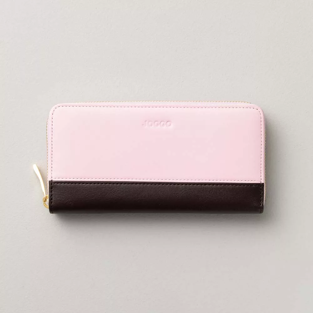 シンプルラウンド長財布（バイカラー） - 使用カラー：サクラブルーム・エスプレッソブラウン