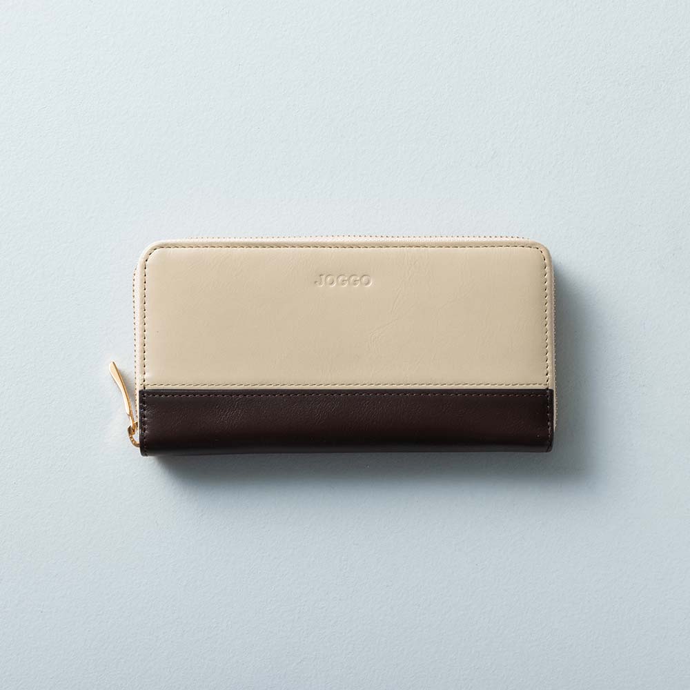 シンプルラウンド長財布（バイカラー） - 使用カラー：ナチュラルベージュ・エスプレッソブラウン