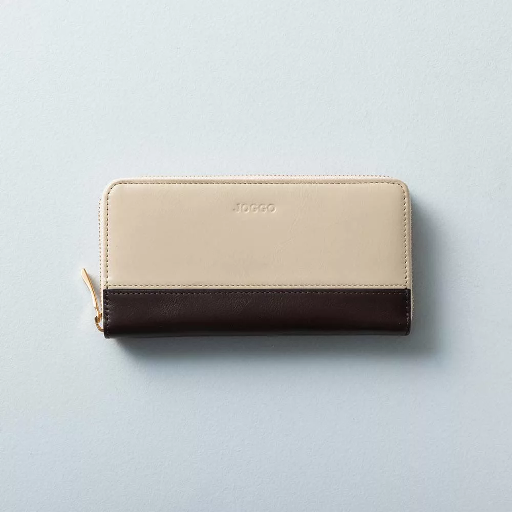 シンプルラウンド長財布（バイカラー） - 使用カラー：ナチュラルベージュ・エスプレッソブラウン