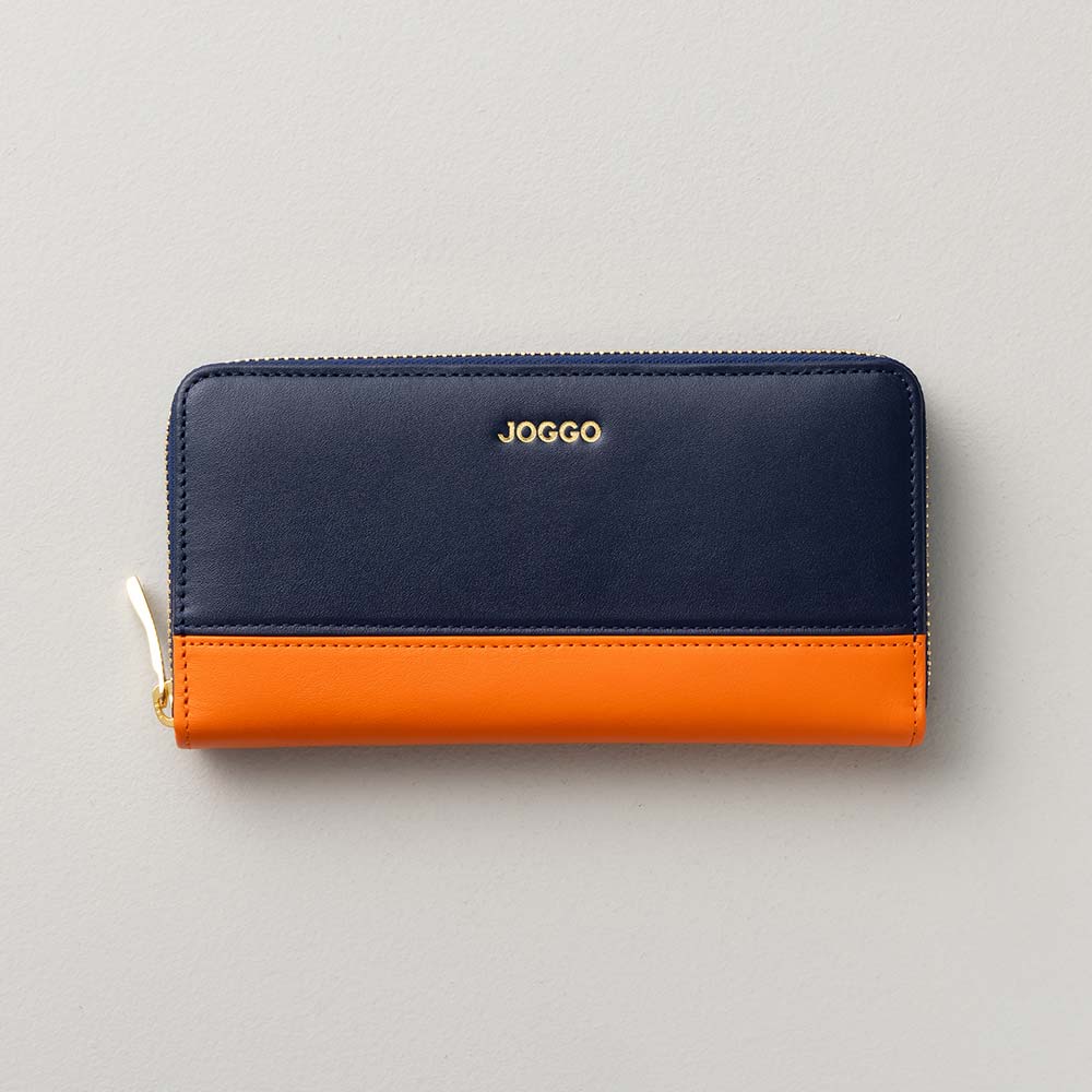 シンプルラウンド長財布（バイカラー） - 使用カラー：ピュアブラック・ビブラントサン