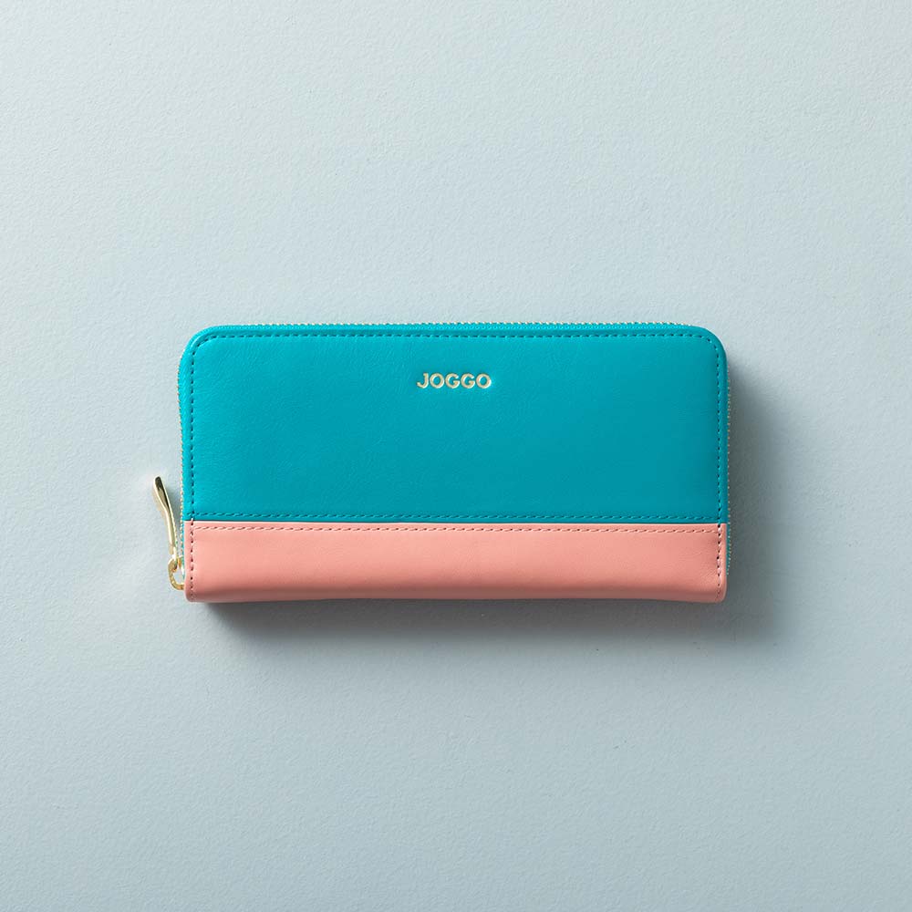 シンプルラウンド長財布（バイカラー） - 使用カラー：ターコイズブルー・フラミンゴピンク