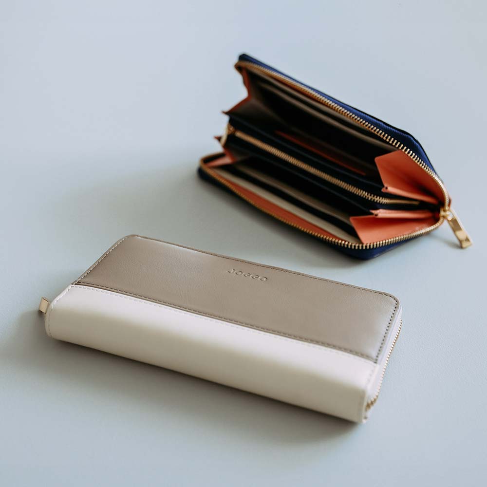 シンプルラウンド長財布（バイカラー） - バイカラーがオシャレな品格のあるデザイン。高級本革を用いて一つひとつハンドメイドで製作したレザーウォレットは特別な逸品に。メンズ・レディースを問わずプレゼントやギフトに最適です。