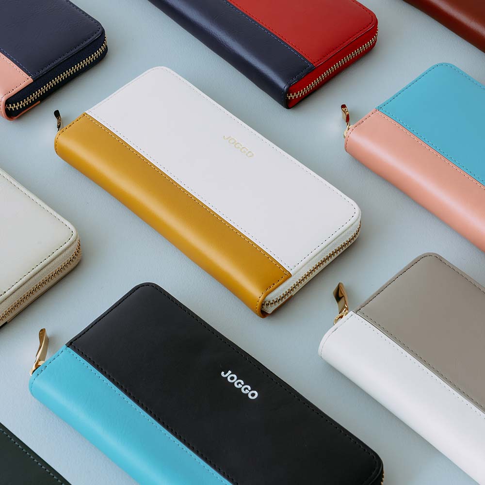 シンプルラウンド長財布（バイカラー） - 高級感のあるゴールドの引き手がレザーの質感を引き立てます。バッグから取り出したときの印象も上品です。完全に閉まるラウンドファスナーのため、中身を落とす心配もありません。