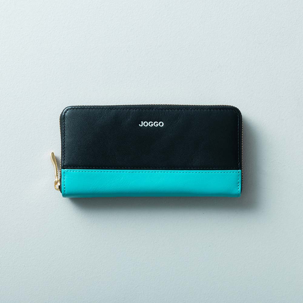 シンプルラウンド長財布（バイカラー） - 使用カラー：ピュアブラック・ターコイズブルー