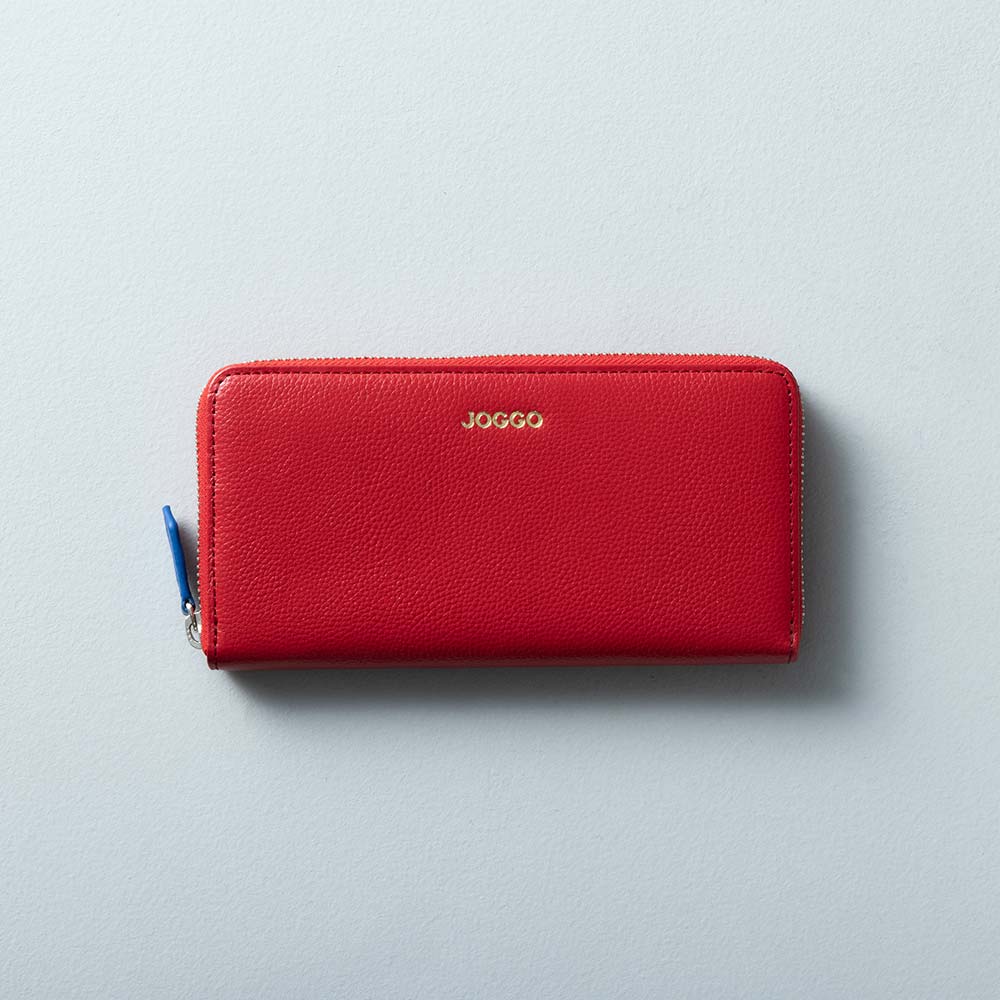 シンプルラウンド長財布（エンボス） - 使用カラー：パッションチェリー×スカイダイバー