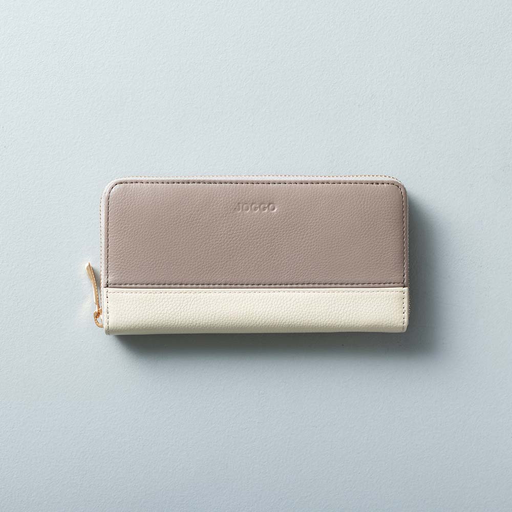 シンプルラウンドバイカラー長財布（エンボス） - 使用カラー：グレージュ・アイボリーホワイト