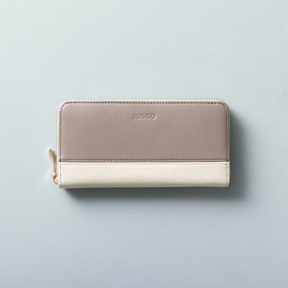 シンプルラウンドバイカラー長財布（エンボス） - 使用カラー：グレージュ・アイボリーホワイト