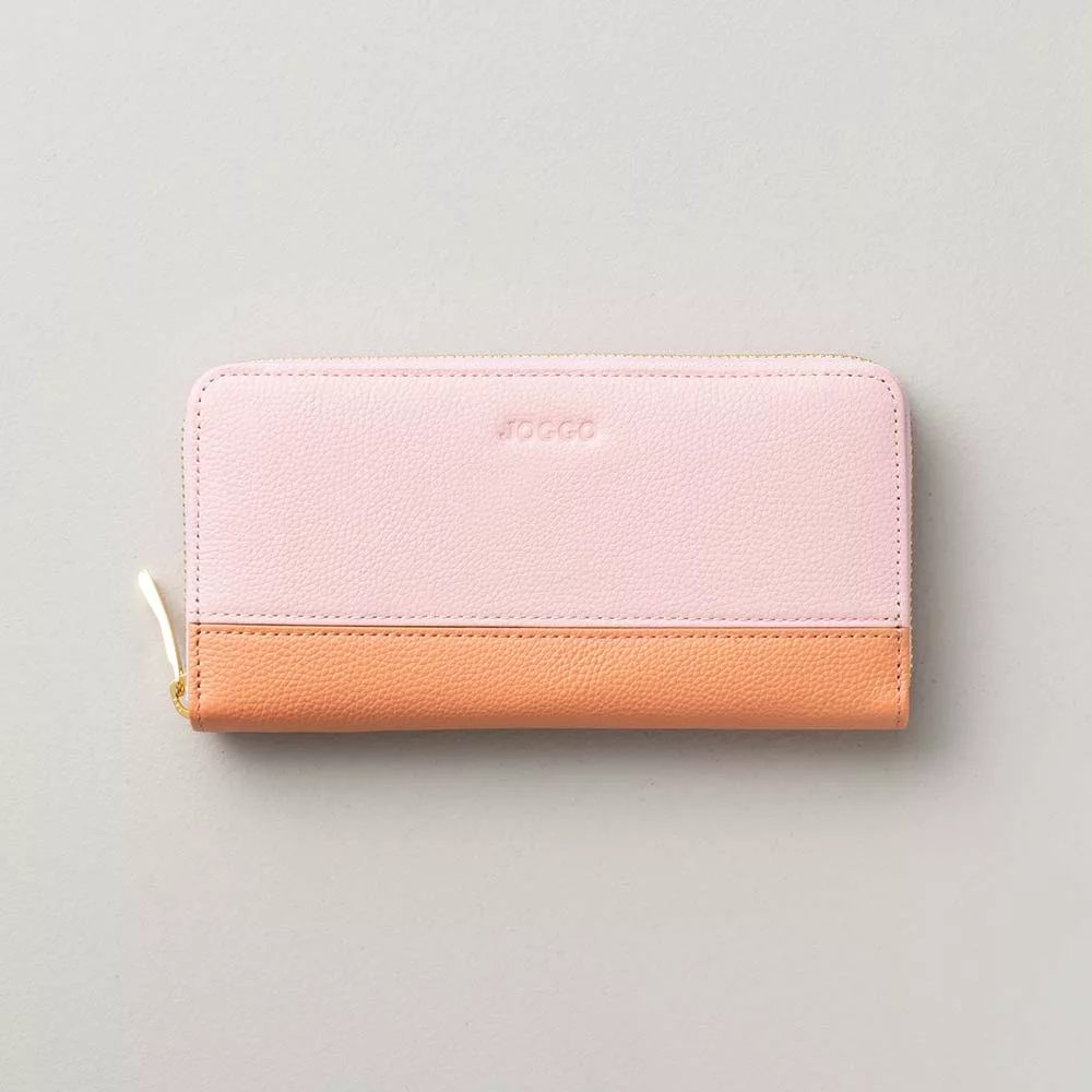 シンプルラウンドバイカラー長財布（エンボス） - 使用カラー：サクラブルーム・フラミンゴピンク
