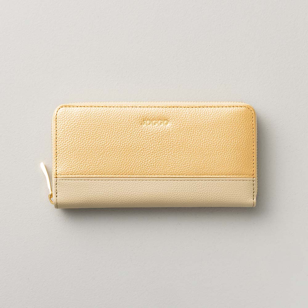 シンプルラウンドバイカラー長財布（エンボス） - 使用カラー：フルムーンゴールド・ナチュラルベージュ