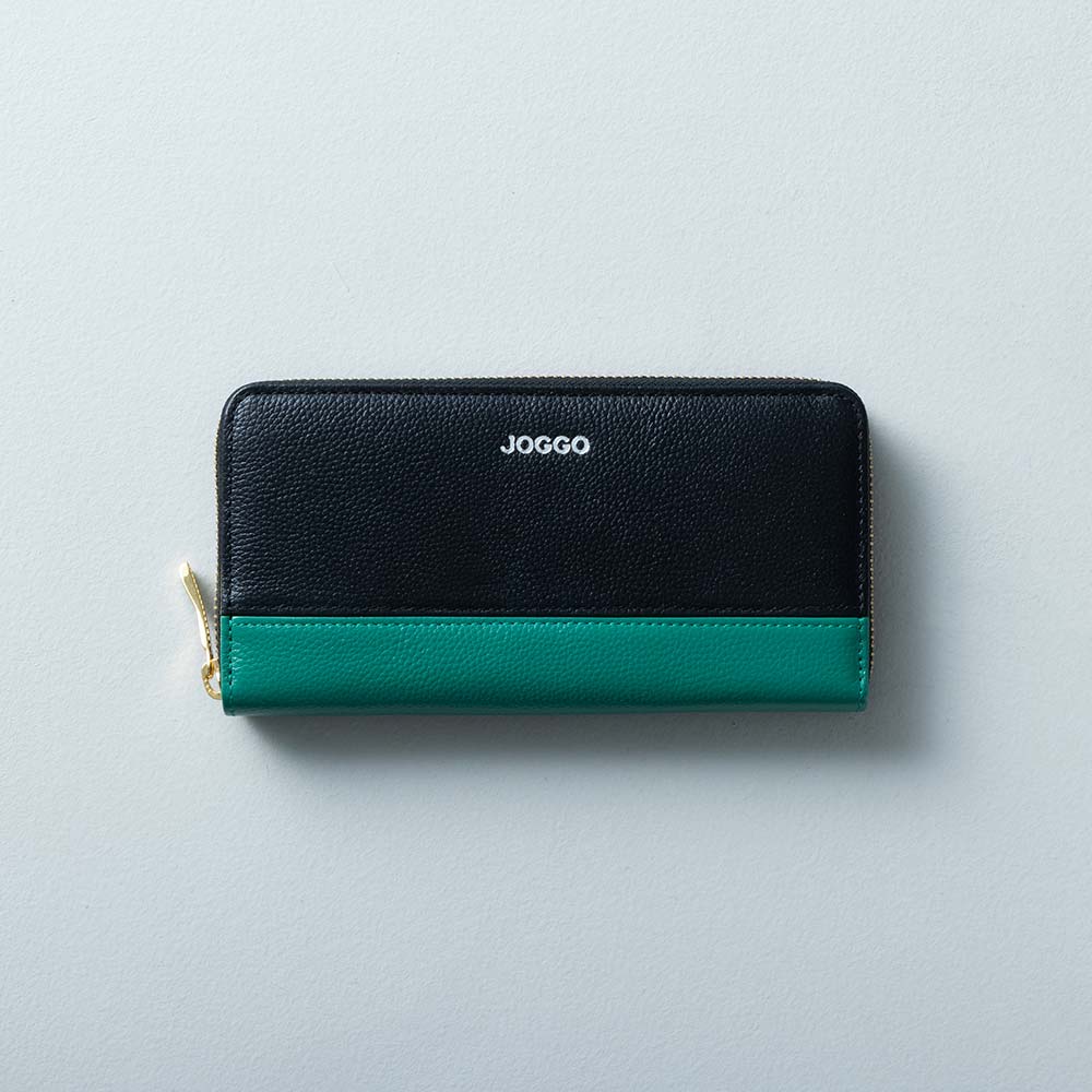 シンプルラウンドバイカラー長財布（エンボス） - 使用カラー：ピュアブラック・ヒイラギリーフ