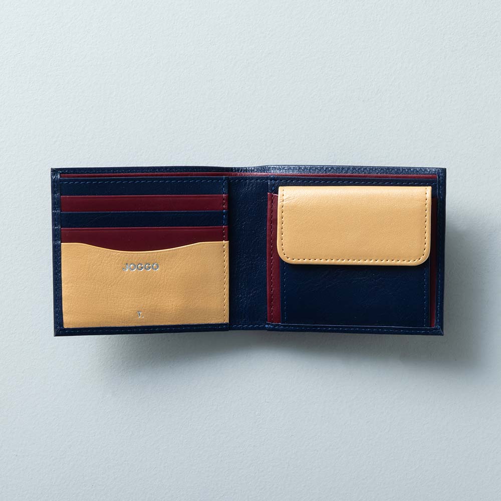 ２つ折り財布（小銭入れ付き） - 使用カラー：ミッドナイトネイビー・フルムーンゴールド・	ダークレッド
