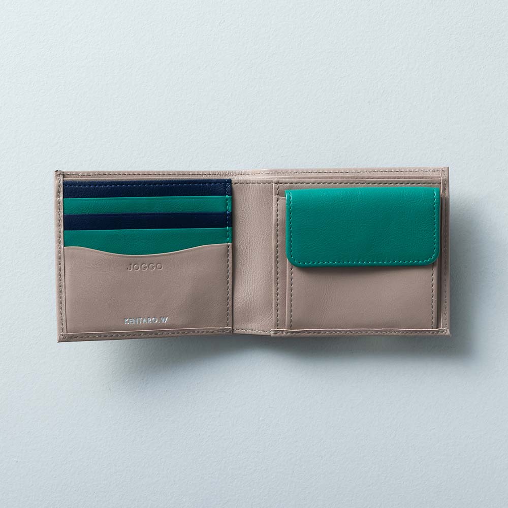 ２つ折り財布（小銭入れ付き） - 使用カラー：グレージュ・ヒイラギリーフ・ミッドナイトネイビー