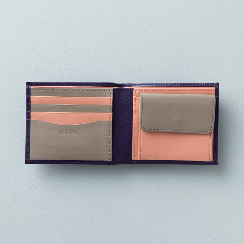 2つ折り財布(小銭入れ付き) - 使用カラー:ロイヤルパープル・グレージュ・フラミンゴピンク