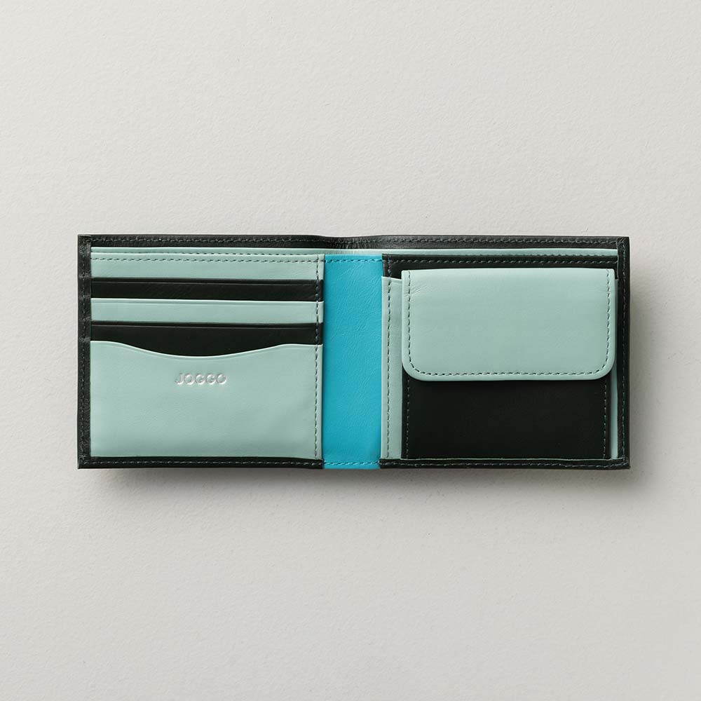 2つ折り財布(小銭入れ付き) - 使用カラー:フォレストグリーン・セージグリーン・ターコイズブルー