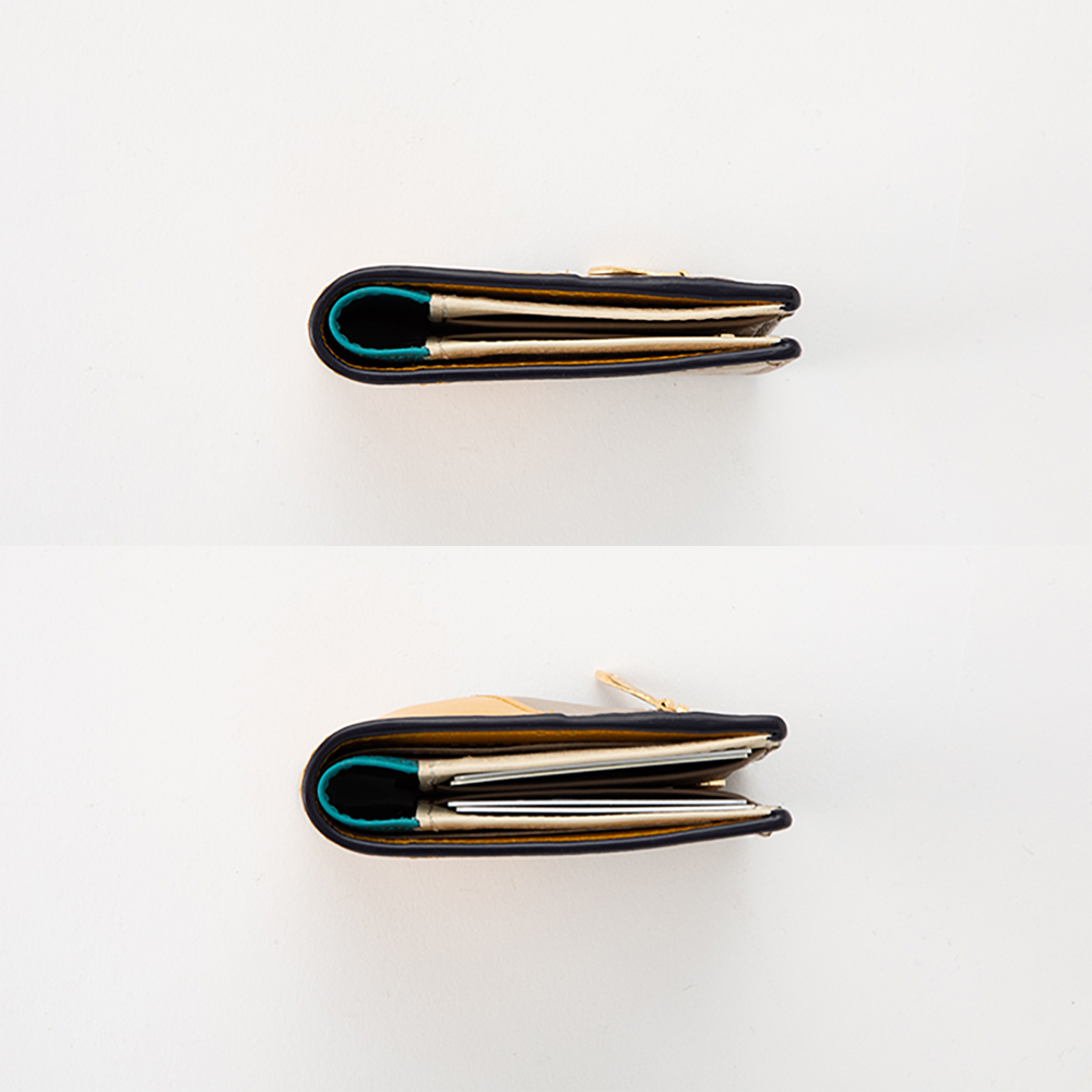 ２つ折りエッジカラー財布（アシンメトリー） - カード4枚・お札3枚・小銭15枚入れても、厚さ約2cmのスリムな設計。