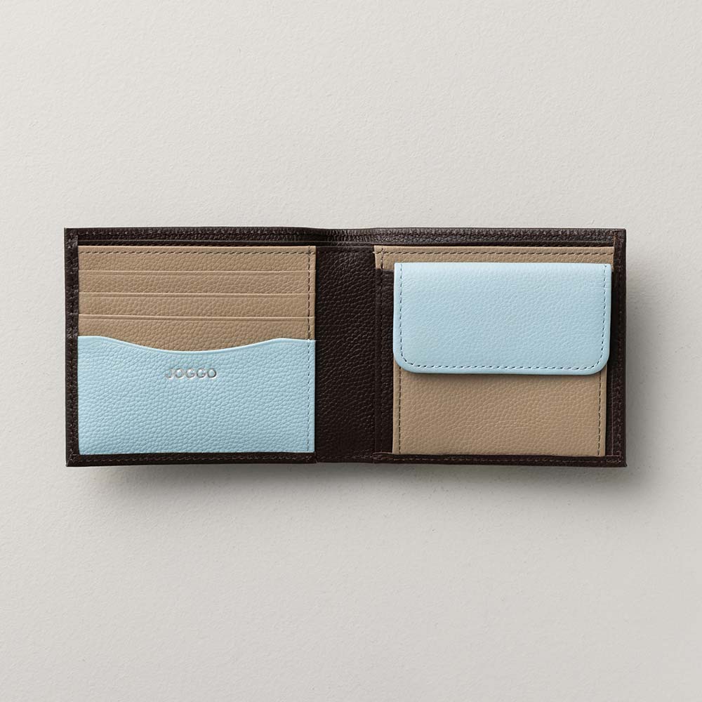２つ折り財布（エンボス） - 使用カラー：エスプレッソブラウン・シャーベットブルー・グレージュ