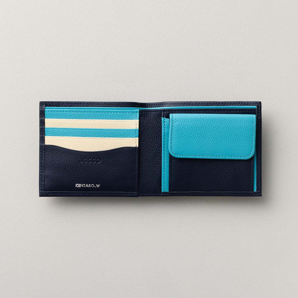 ２つ折り財布（エンボス） - 使用カラー：ミッドナイトネイビー・ターコイズブルー・アイボリーホワイト