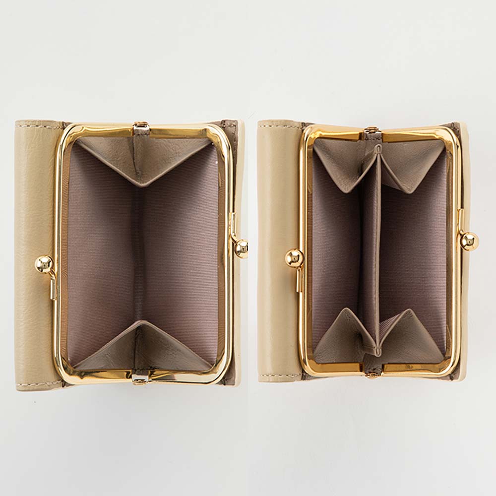 がま口２つ折り財布 - 人気の形はそのままに、強度と使いやすさがアップ！開きやすく、かつ仕切りを入れることで小銭の整理がスムーズに。強度も増したので、より長くお使い頂けます。