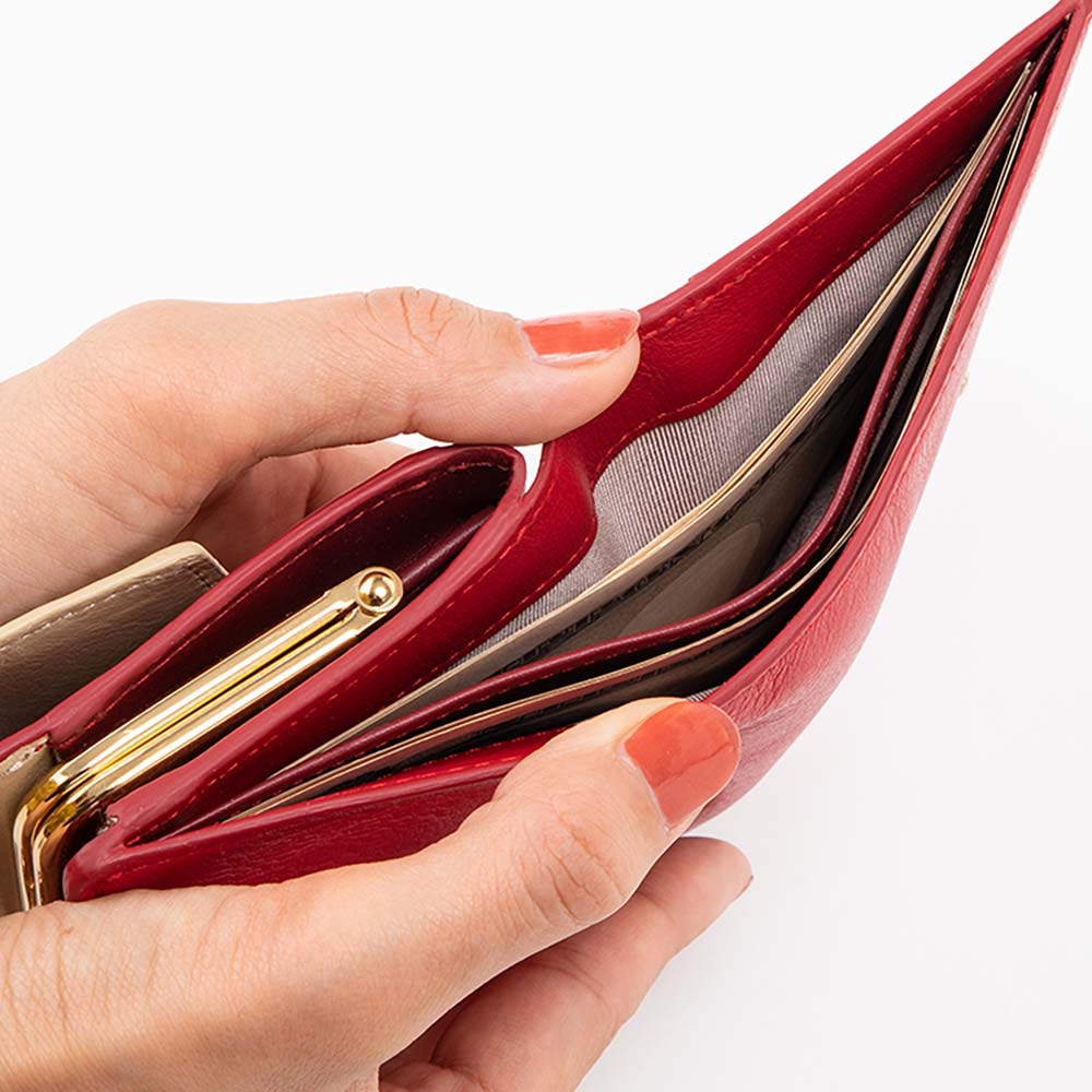 がま口２つ折り財布 - お札入れは、お札やレシートの仕分けがしやすいように仕切りがついています。デザインと使いやすさを両立したデザインは、プレゼントやギフトに最適です。