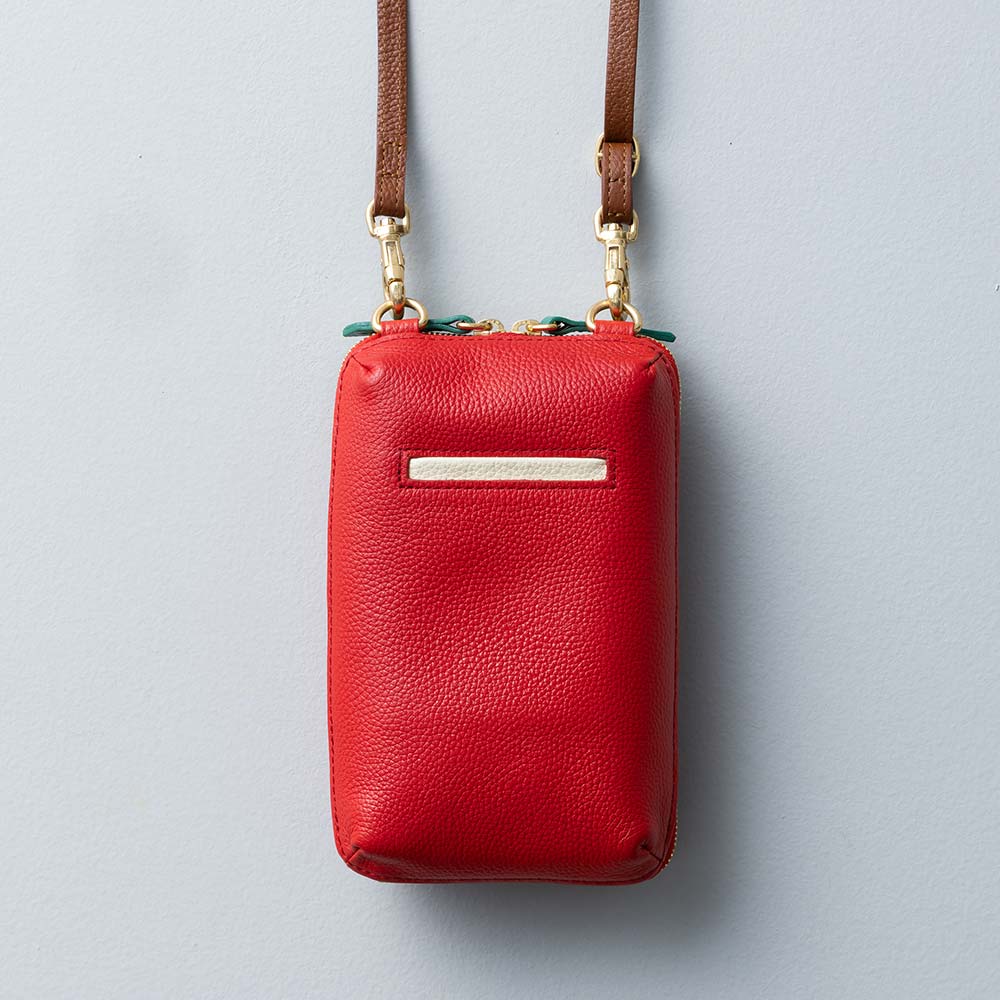 スマホショルダーバッグ - 使用カラー：パッションチェリー・アイボリーホワイト・ヒイラギリーフ・マロンブラウン・ゴールド（金具）