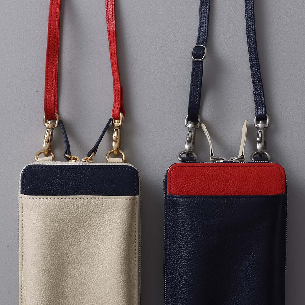 スマホショルダーバッグ - ファスナーなどの金具の色はゴールド・シルバーから選択できます。