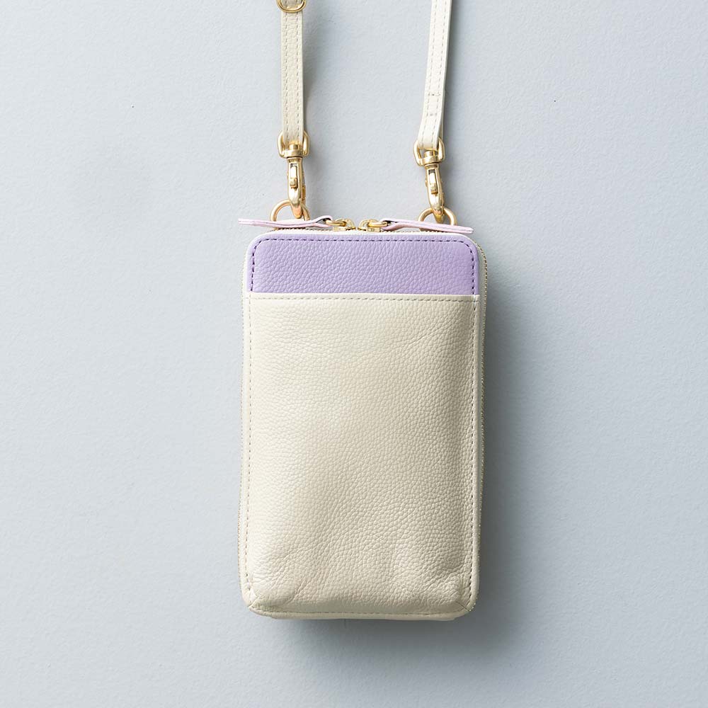 スマホショルダーバッグ - 使用カラー：アイボリーホワイト・アジサイドロップ・サクラブルーム・ゴールド（金具）