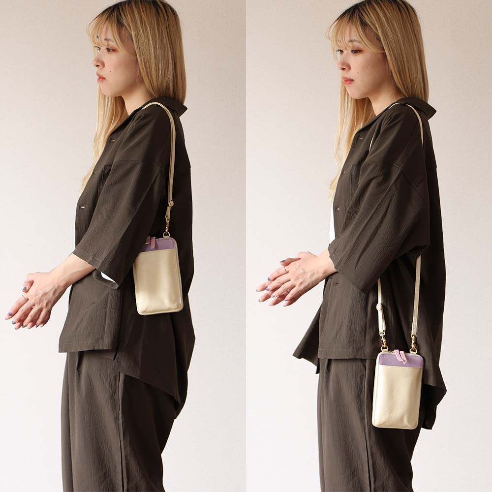 スマホショルダーバッグ - ショルダーストラップは、身長や好みに合わせて60〜120cmまで調整できます。身長の低い方も高い方もお使いいただける長さです。