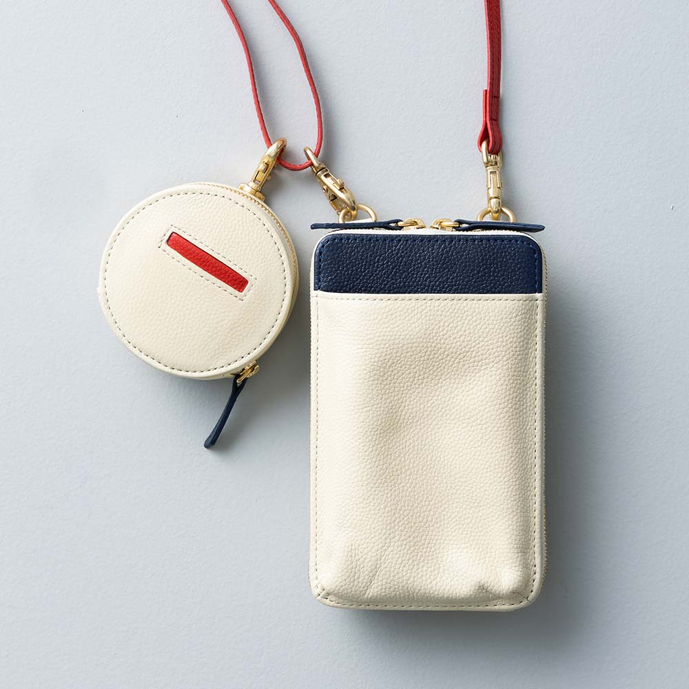ポーチ付スマホショルダーバッグ - 使用カラー：アイボリーホワイト・ミッドナイトネイビー・パッションチェリー・ゴールド（金具）