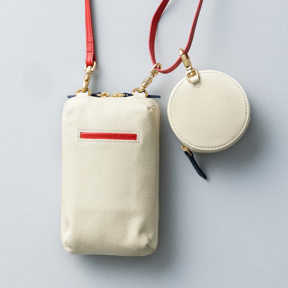 ポーチ付スマホショルダーバッグ - 使用カラー：アイボリーホワイト・ミッドナイトネイビー・パッションチェリー・ゴールド（金具）