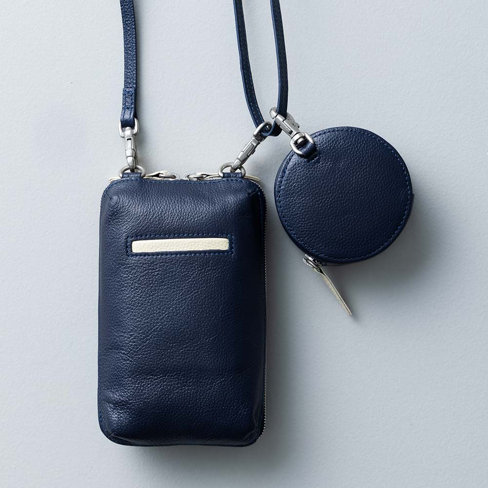 ポーチ付スマホショルダーバッグ - 使用カラー：ミッドナイトネイビー・アイボリーホワイト・シルバー（金具）