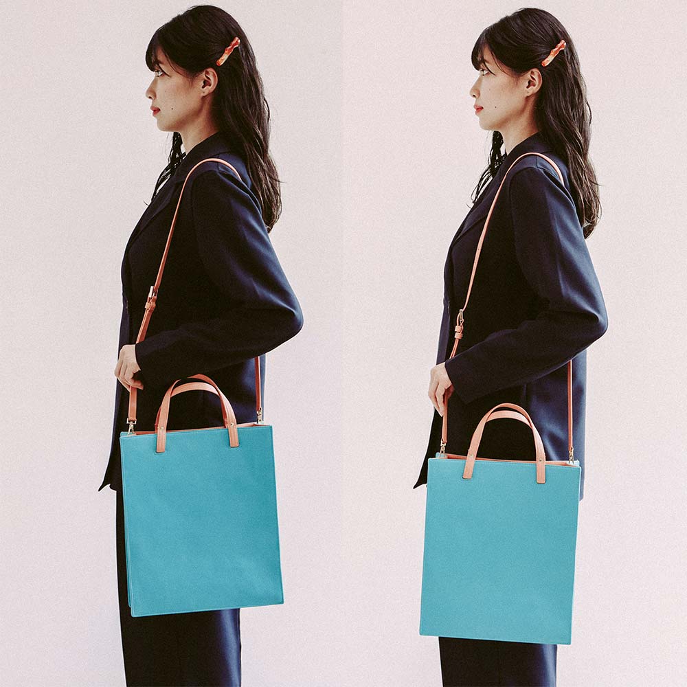 ２ｗａｙボックストートバッグ - ショルダーストラップは、身長や好みに合わせて60〜100cmまで調整できます。斜めがけにすることも可能です。