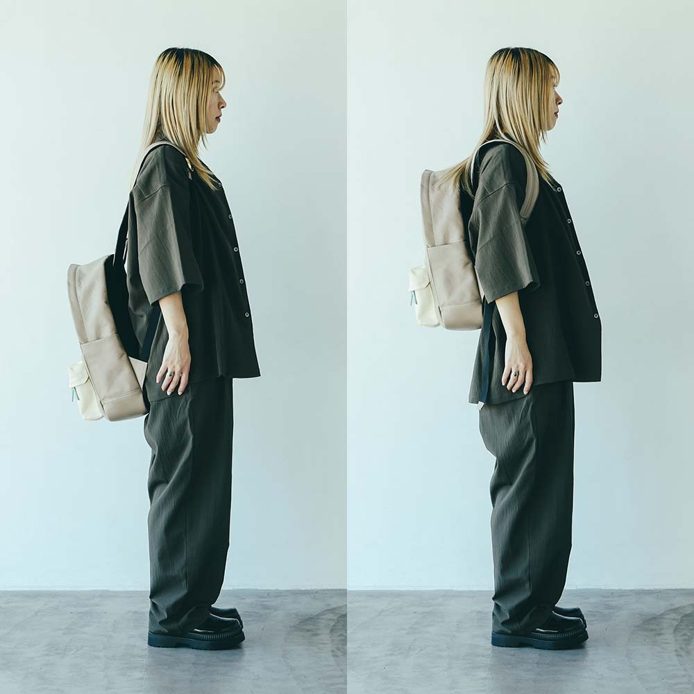 ラウンドレザーバックパック - 肩ベルト部分は、簡単に調整できます。身長や好みに合わせて48〜98cmまで調整できます。身長の低い方も高い方もお使い頂ける長さです。肩ベルトの金具はスライド式になっているので、ベルト部分を引っ張ることで簡単に長さを調整できます。